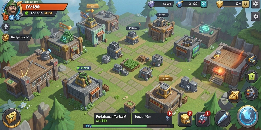 Screenshot gameplay <strong>DV188</strong> yang menampilkan aksi menara pertahanan yang strategis.