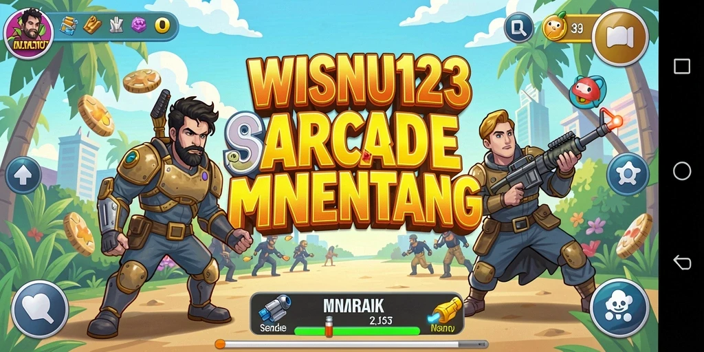 Screenshot utama WISNU123 menampilkan gameplay Arcade yang seru.